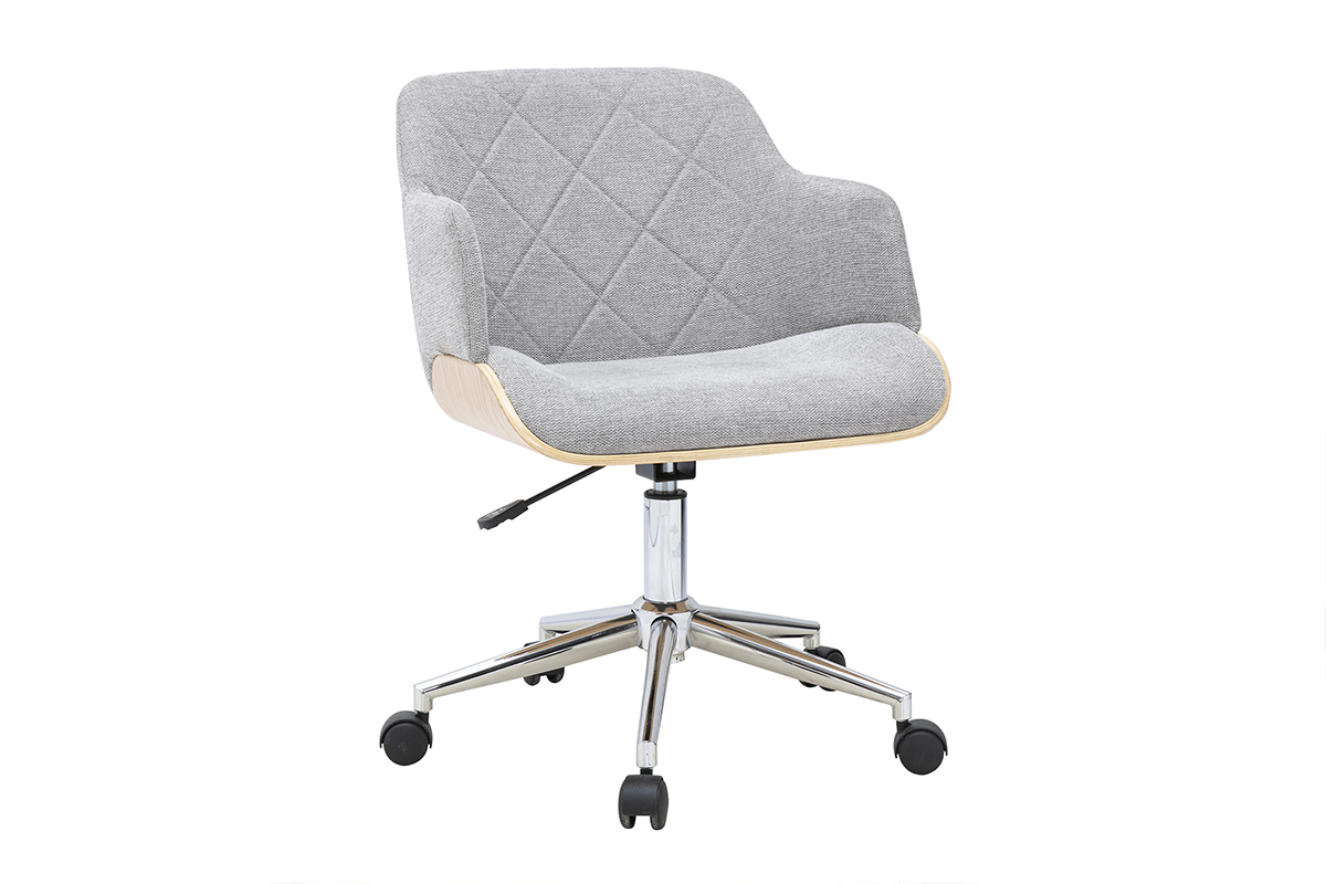 Sedia da ufficio con rotelle dal design in tessuto effetto velluto grigio, vista a 3/4.