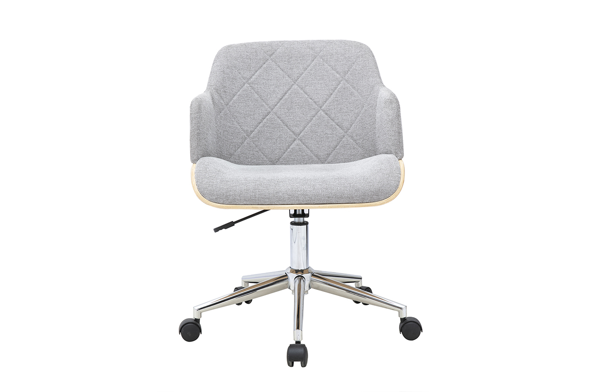 Chaise da ufficio con rotelle in tessuto grigio, vista frontale, con braccioli in legno chiaro e base in acciaio cromato.
