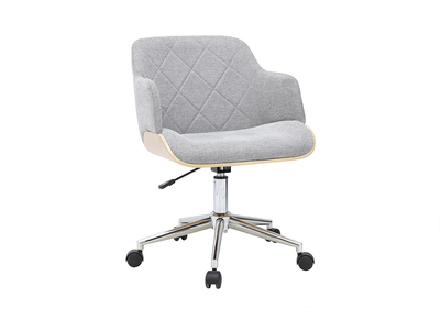 Sedia da ufficio con ruote di design in tessuto effetto velluto testurizzato grigio, legno chiaro e acciaio cromato SANDRO