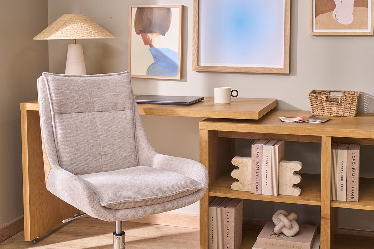 Sedia da ufficio con ruote in tessuto effetto velluto beige e metallo cromato BLAISE