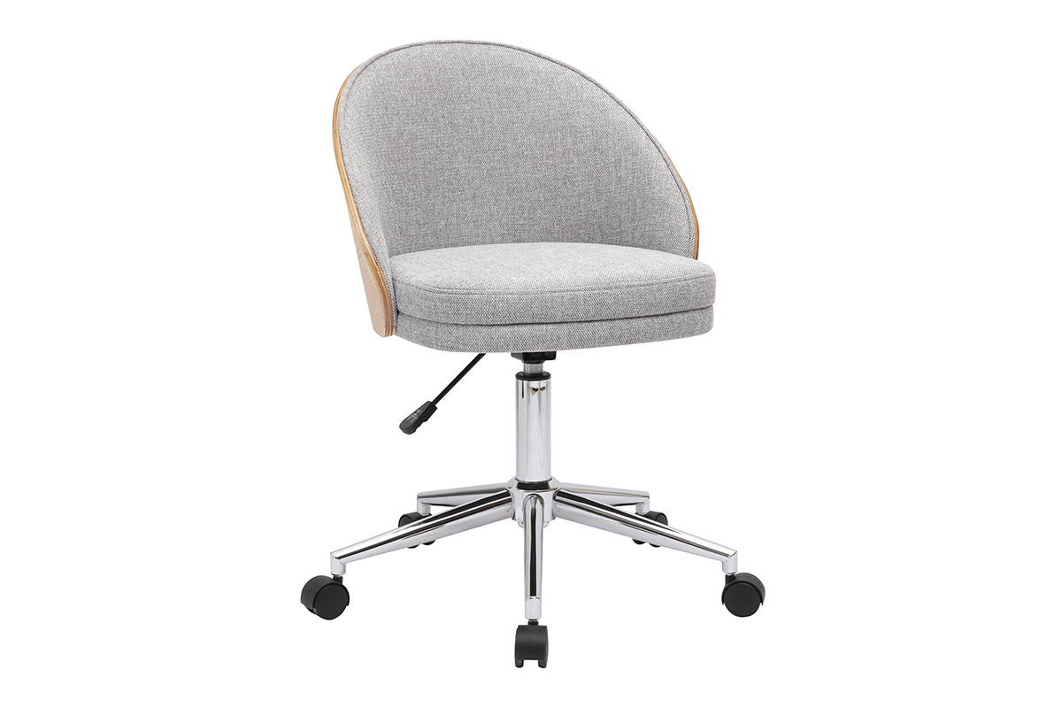 Sedia da ufficio grigia effetto velluto, legno chiaro, metallo cromato, ruote.