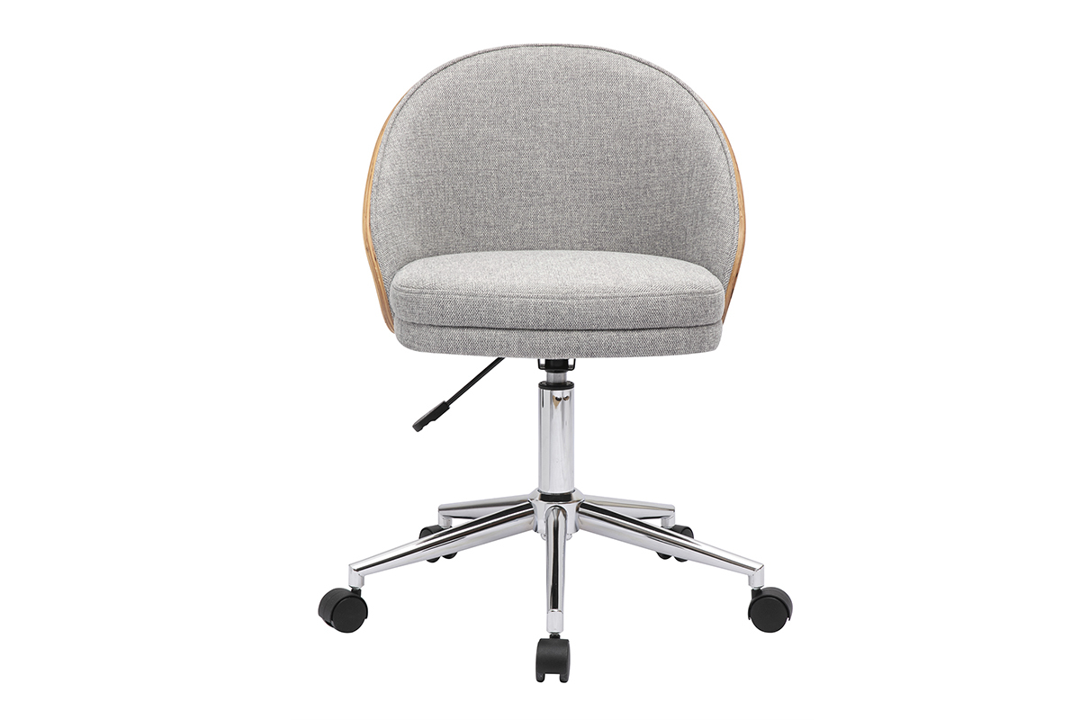 Sedia da ufficio grigia con ruote, in legno chiaro e metallo cromato, vista frontale.
