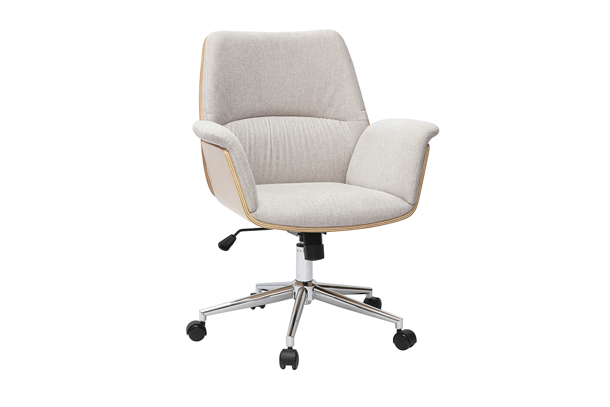Sedia da ufficio beige in tessuto effetto velluto, legno chiaro, metallo cromato, vista da 3/4.