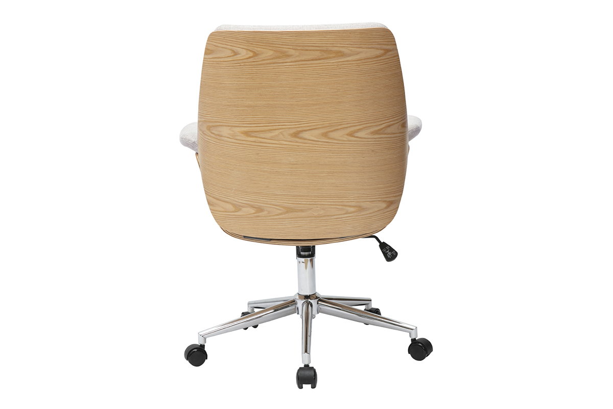 Sedia da ufficio HELIOS vista da dietro, legno chiaro, metallo cromato, ruote.