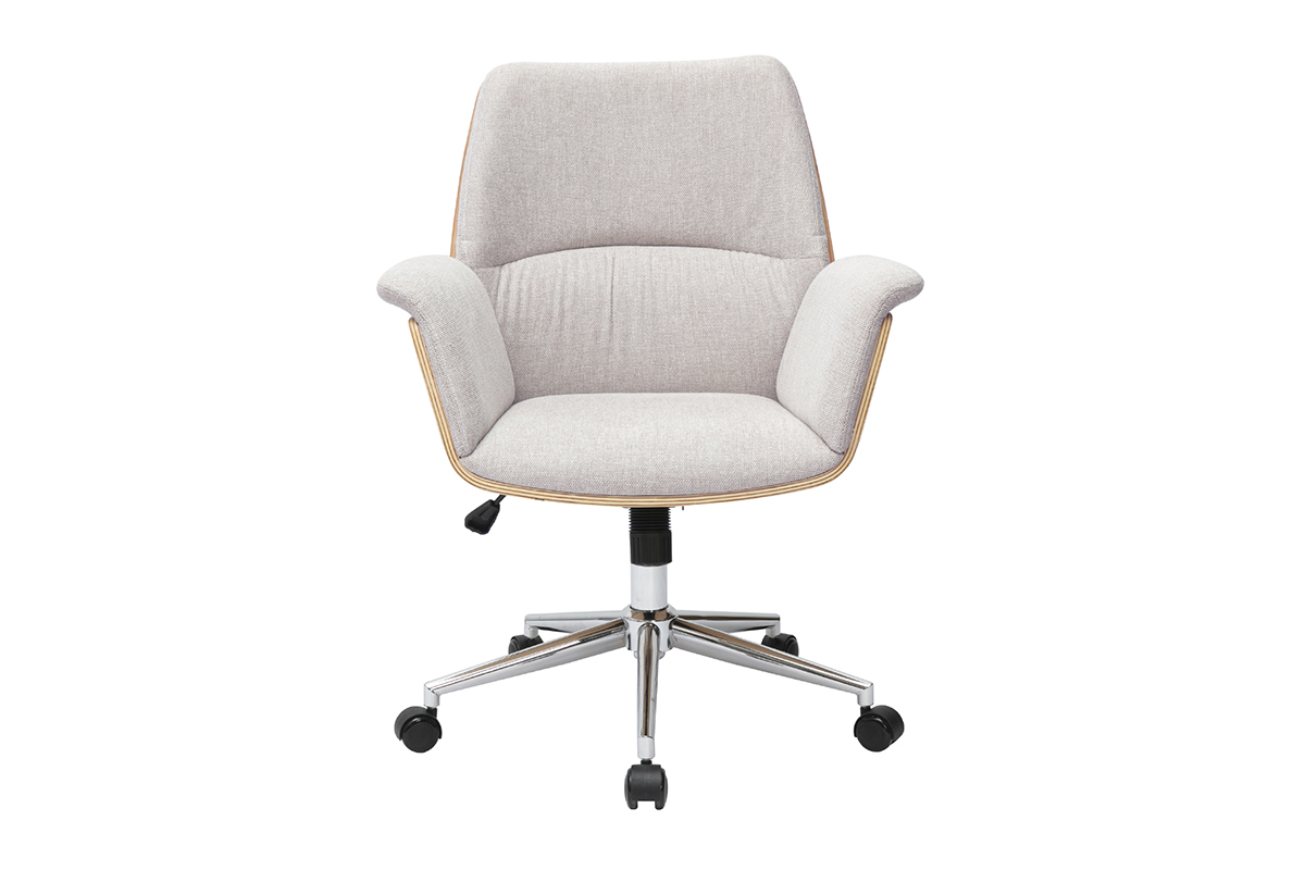 Sedia da ufficio in velluto beige, legno chiaro, vista frontale, base in metallo cromato con ruote.