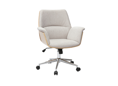 Sedia da ufficio con ruote in tessuto effetto velluto testurizzato beige, legno chiaro e metallo cromato HELIOS