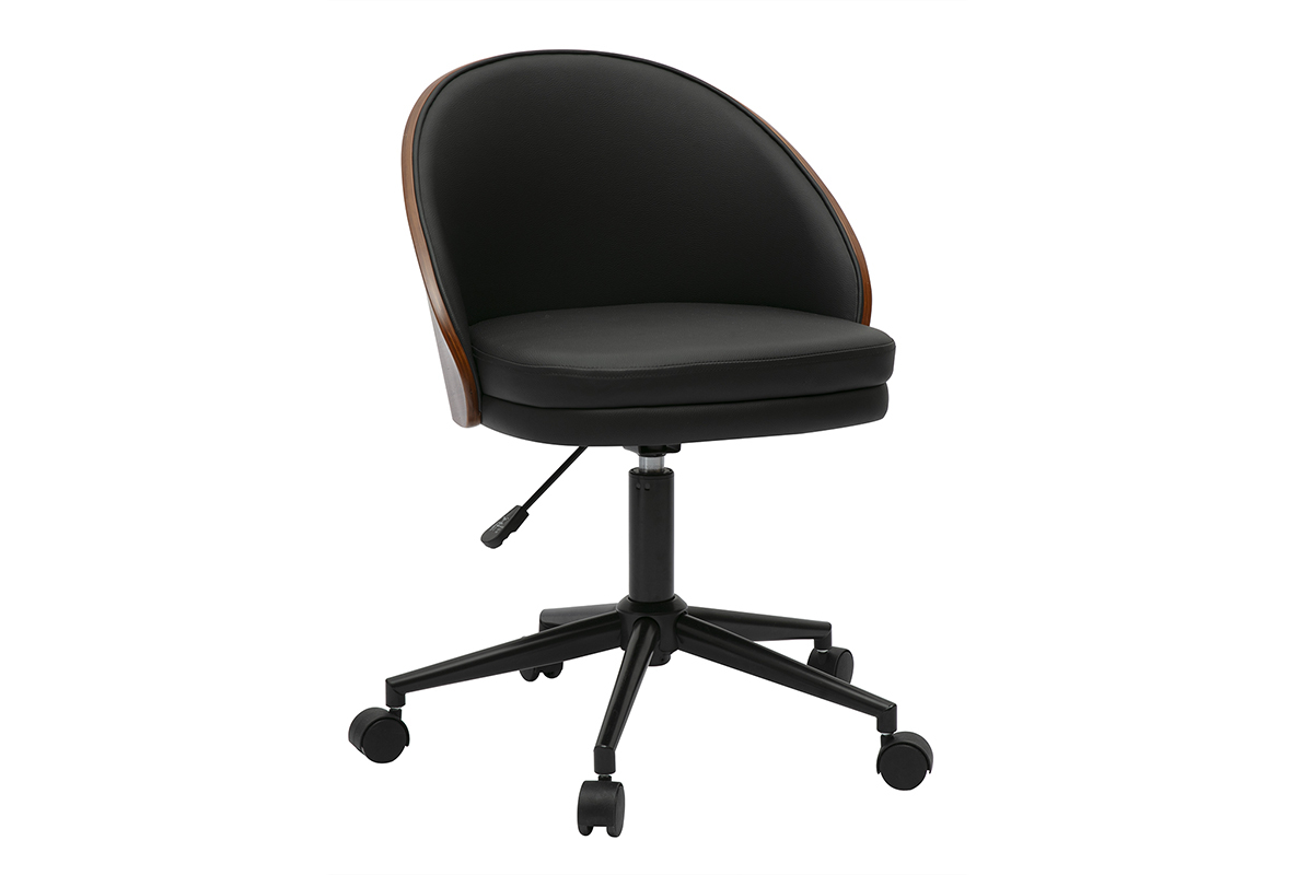 Sedia da ufficio nera, legno scuro e metallo, vista da 3/4