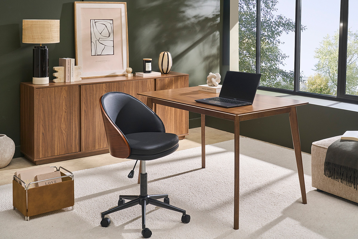 Sedia da ufficio con ruote nera, legno scuro e metallo TUCSON