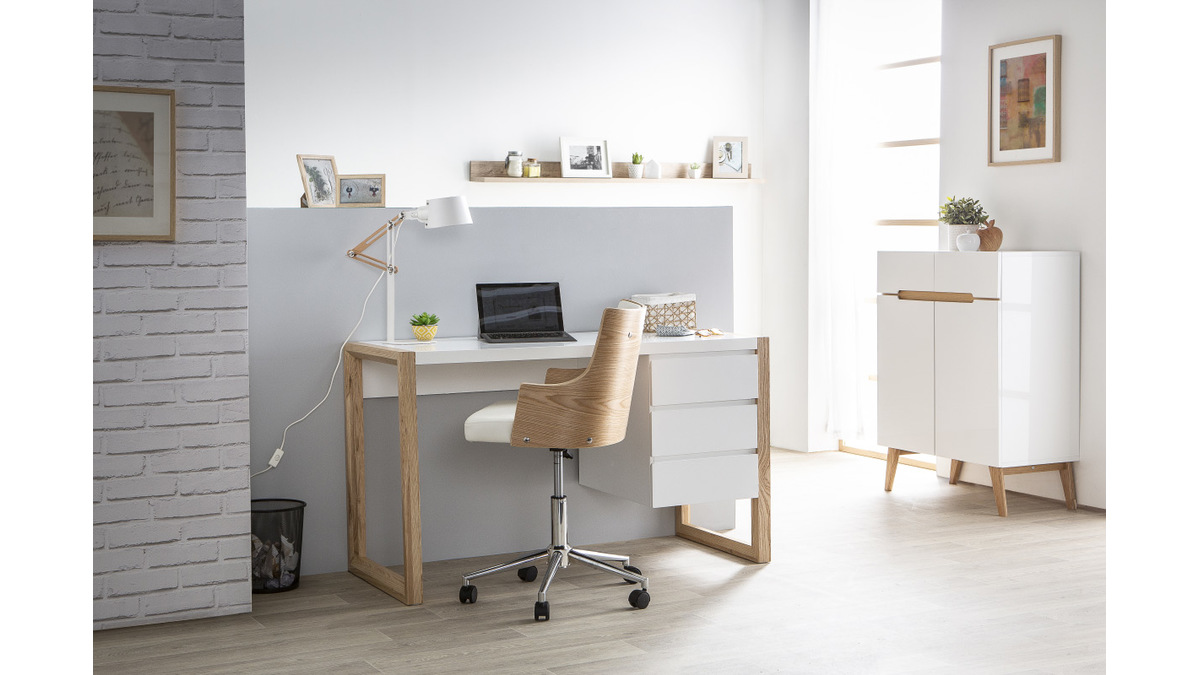 Sedia da ufficio design Bianco e legno chiaro con cuscino integrato MAYOL