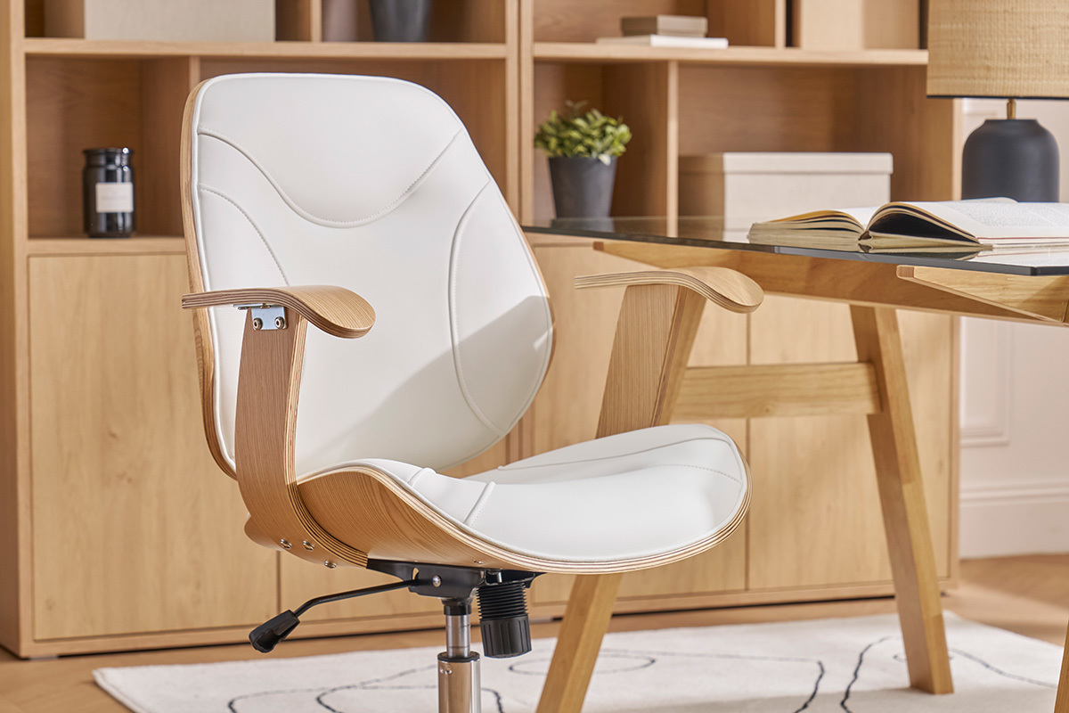 Sedia da ufficio design bianco e legno chiaro YORKE