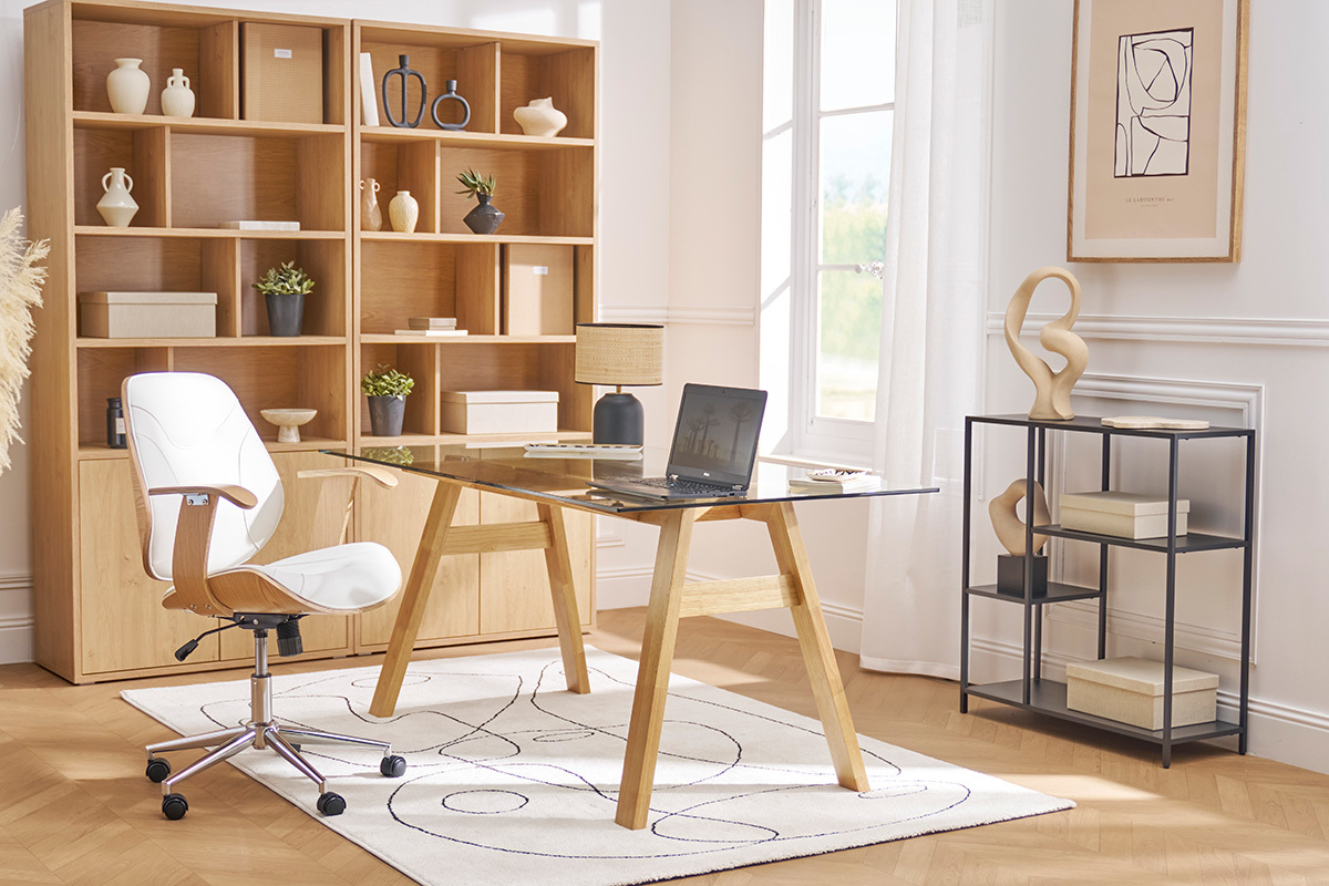 Sedia da ufficio design bianco e legno chiaro YORKE