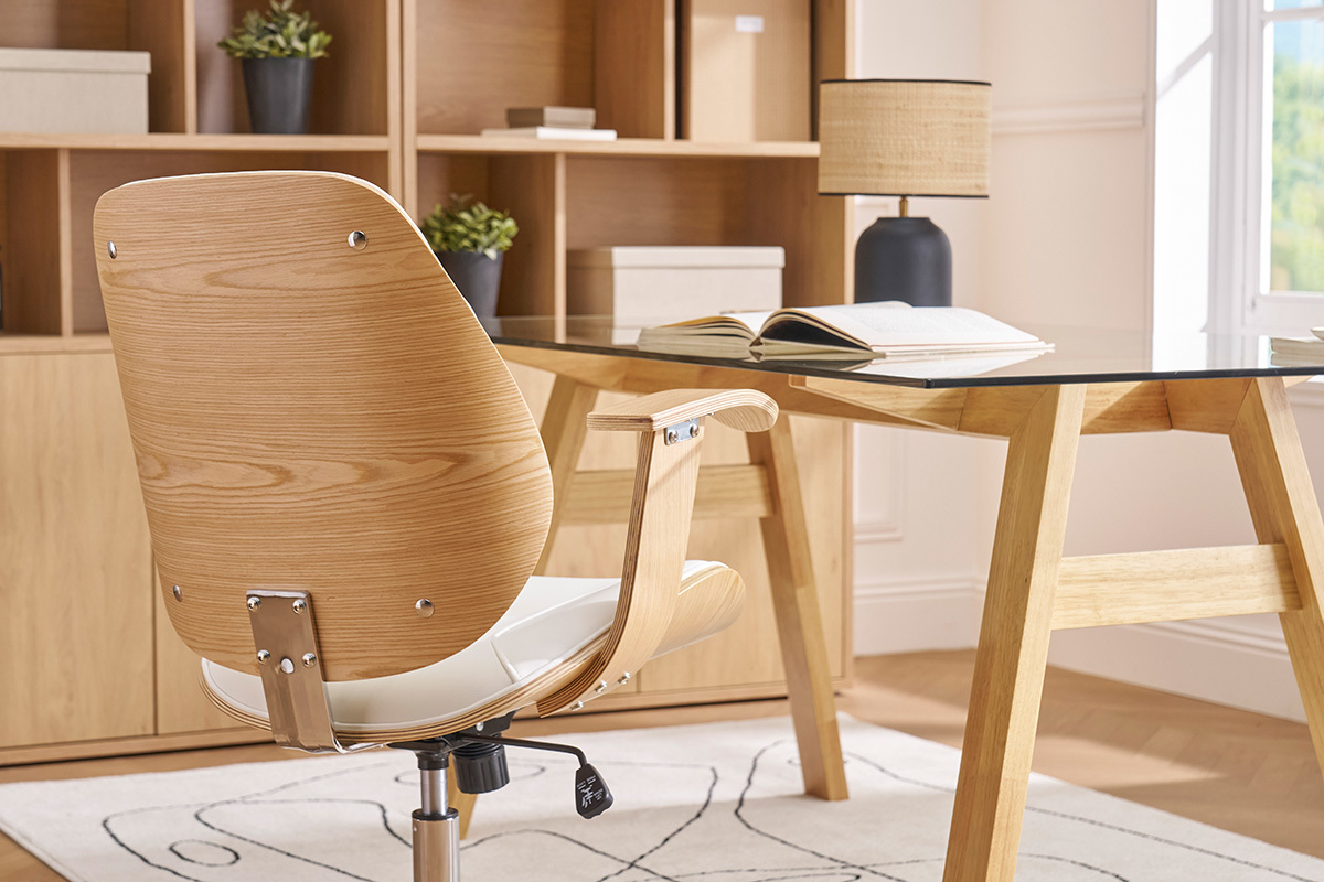 Sedia da ufficio design bianco e legno chiaro YORKE