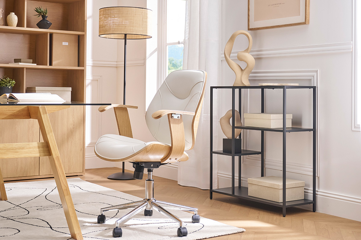 Sedia da ufficio design bianco e legno chiaro YORKE