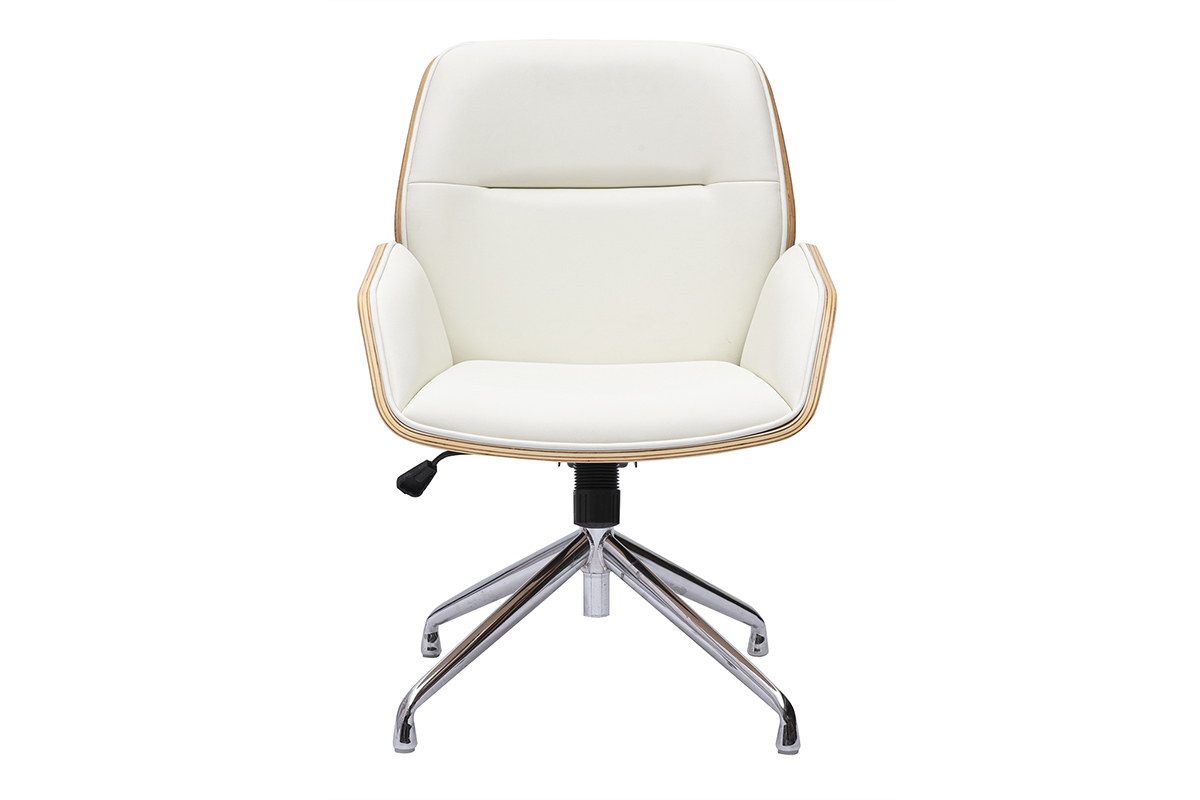 Sedia da ufficio girevole bianca, vista frontale, in legno chiaro e metallo cromato.