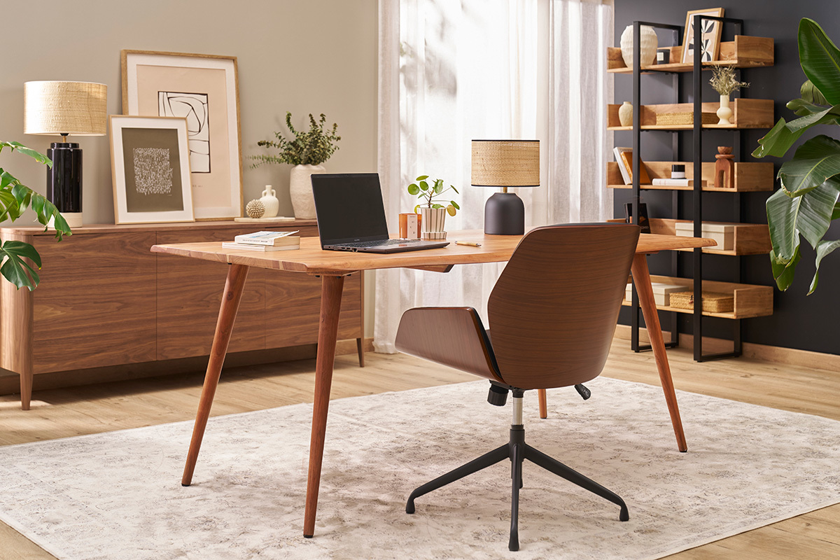 Sedia da ufficio design girevole a 360 nera, legno scuro noce e metallo nero CURVED