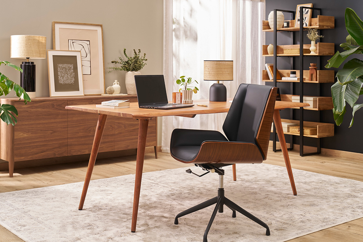 Sedia da ufficio design girevole a 360� nera, legno scuro noce e metallo nero CURVED