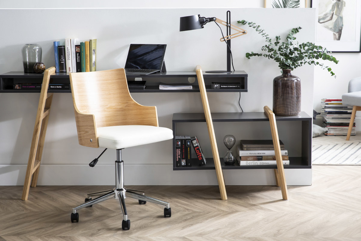 Sedia da ufficio design in poliuretano Bianco e legno chiaro MAYOL