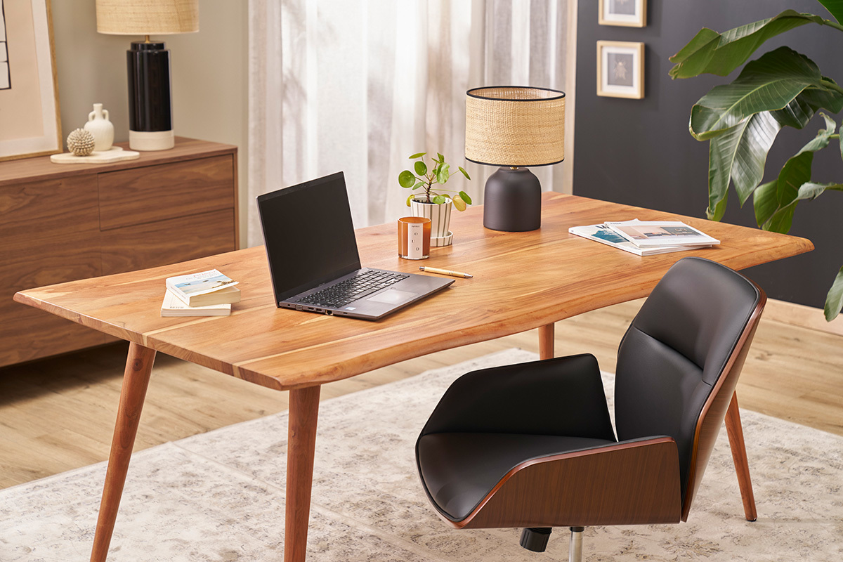 Sedia da ufficio girevole 360 nera design, legno scuro e metallo nero MARLOW