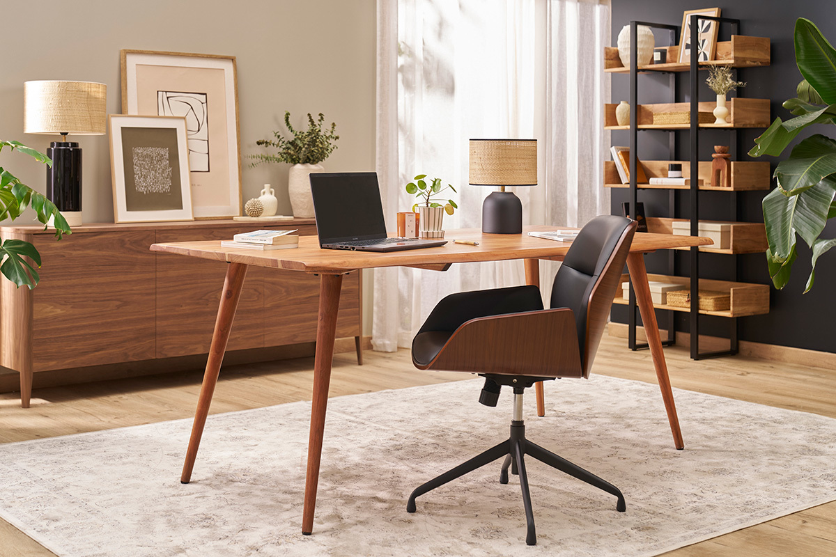 Sedia da ufficio girevole 360 nera design, legno scuro e metallo nero MARLOW