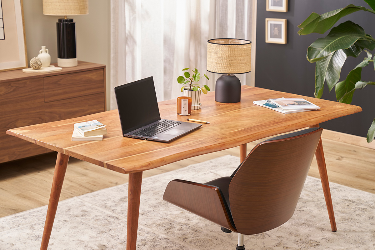 Sedia da ufficio girevole 360 nera design, legno scuro e metallo nero MARLOW