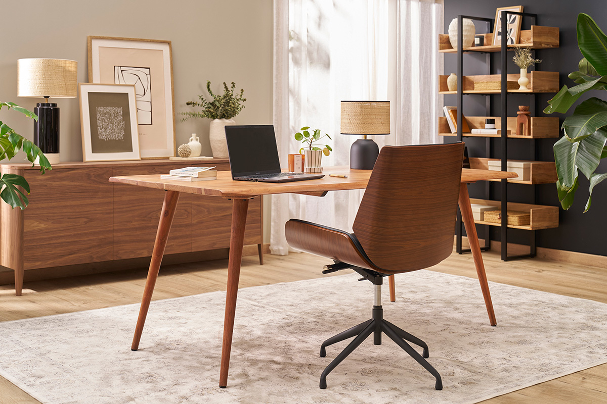 Sedia da ufficio girevole 360� nera design, legno scuro e metallo nero MARLOW