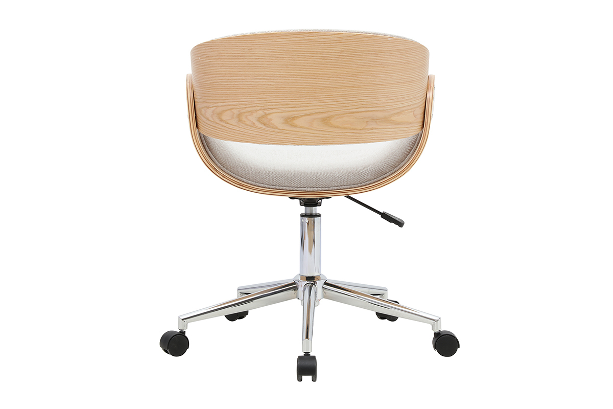 Sedia da ufficio BENT in tessuto beige, schienale in legno chiaro, base cromata, vista posteriore.