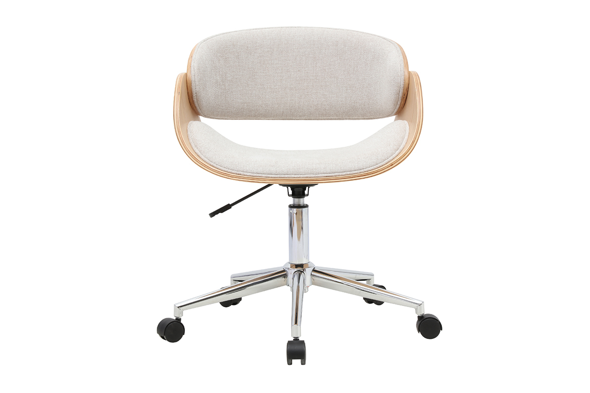 Sedia da ufficio di design con rotelle, tessuto beige, legno chiaro e acciaio cromato, vista frontale