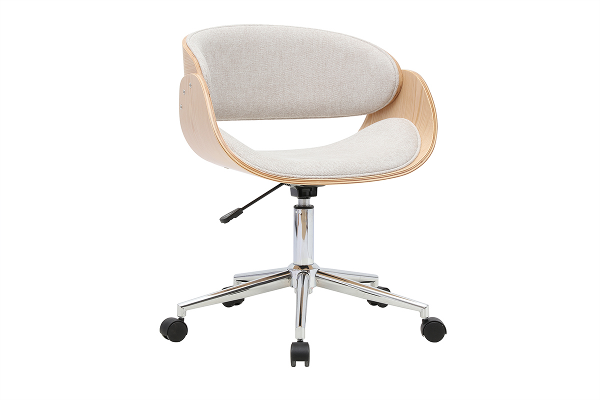 Chaise da ufficio con rotelle dal design essenziale, tessuto beige e legno chiaro, vista in 3/4.
