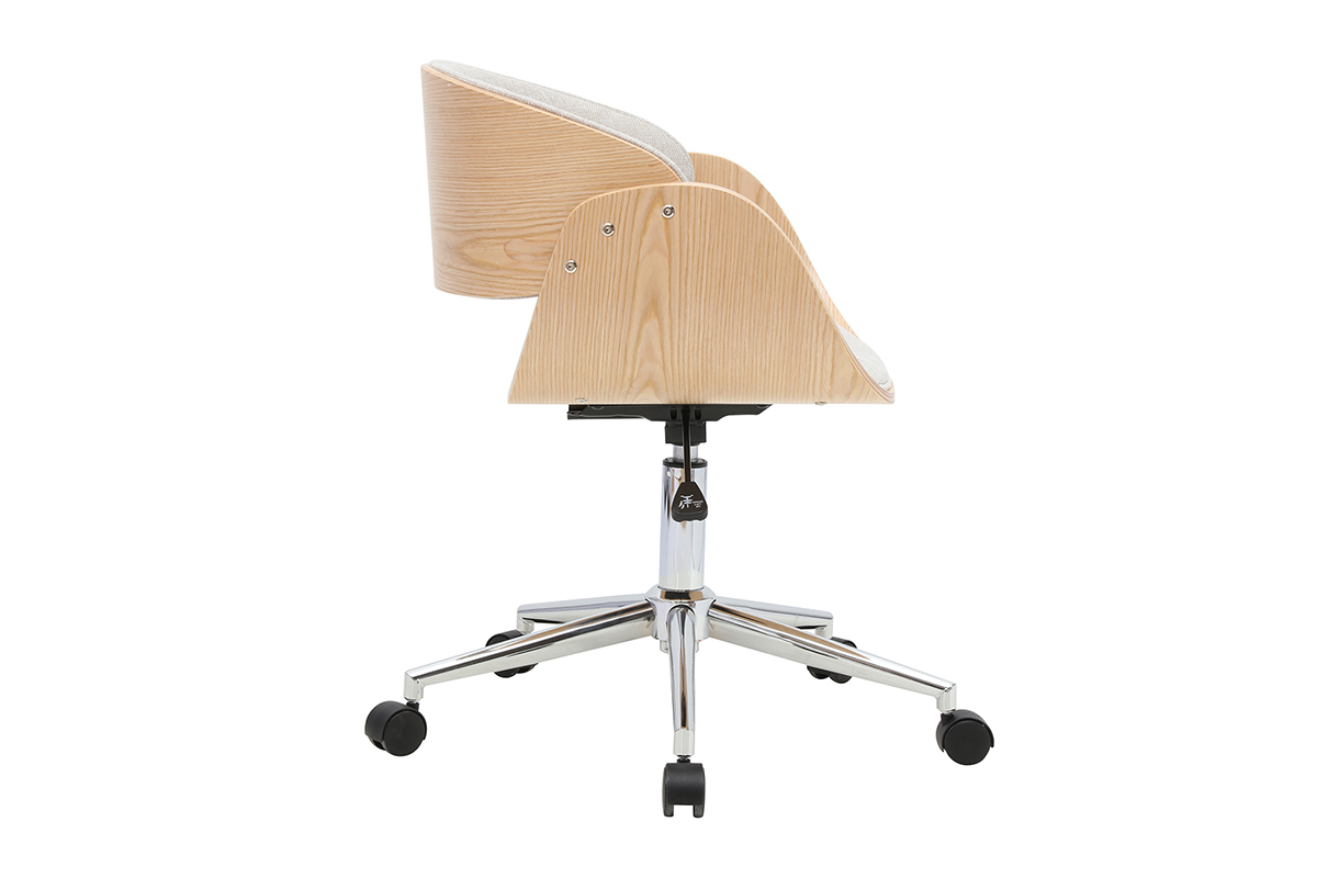 Sedia da ufficio BENT vista di lato, in tessuto beige e legno chiaro, su ruote.