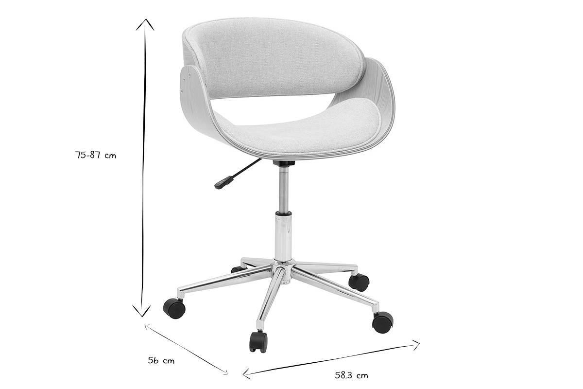 Dimensioni della sedia da ufficio BENT in bianco e nero, altezza 75-87 cm, larghezza 58.3 cm, profondit� 56 cm.