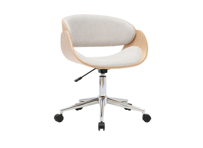 Sedia da ufficio girevole con rotelle dal design in tessuto effetto velluto testurizzato beige, legno chiaro e acciaio cromato BENT