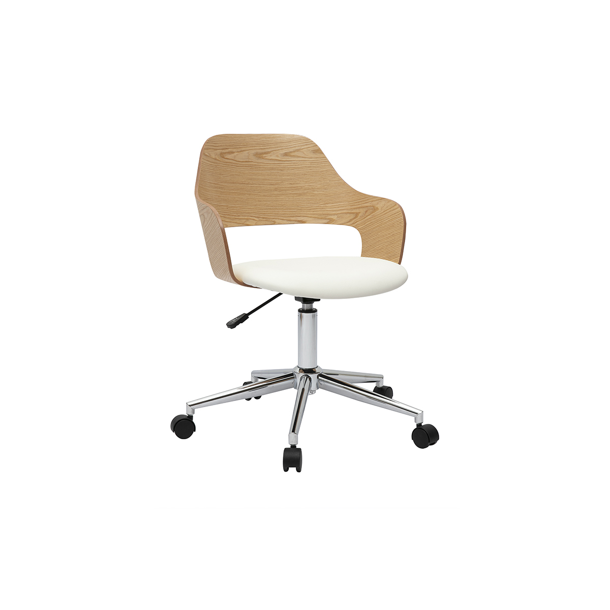 Sedia da ufficio girevole design bianco, legno chiaro rovere e acciaio cromato JANET