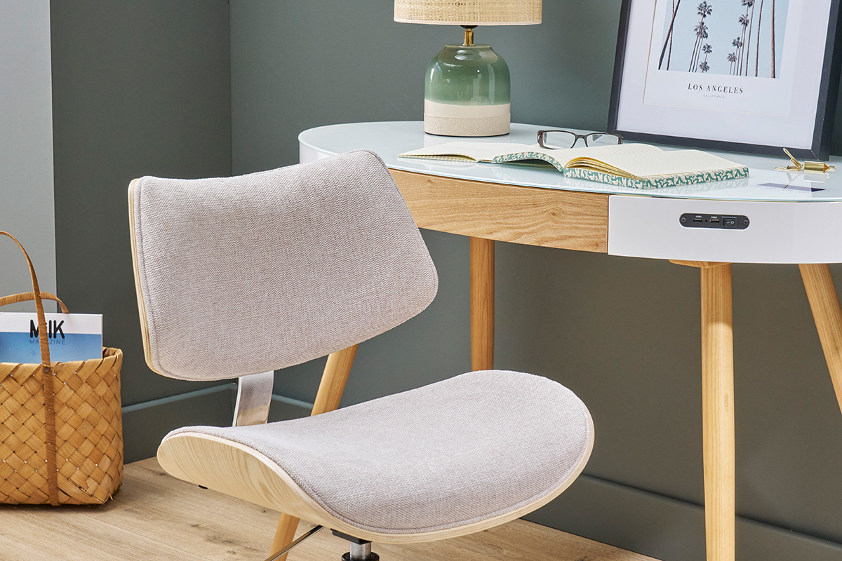 Sedia da ufficio girevole design in tessuto effetto velluto beige, legno chiaro di rovere e metallo MALMO