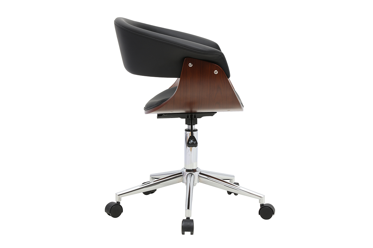 Chaise da ufficio OKTAV di profilo, legno scuro e rivestimento nero, su rotelle con base cromata.