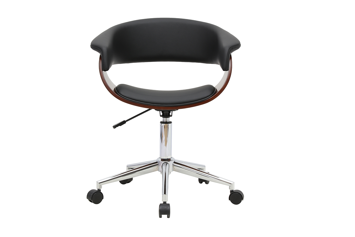 Sedia da ufficio nera con ruote e braccioli, legno scuro e base in acciaio cromato, vista frontale.