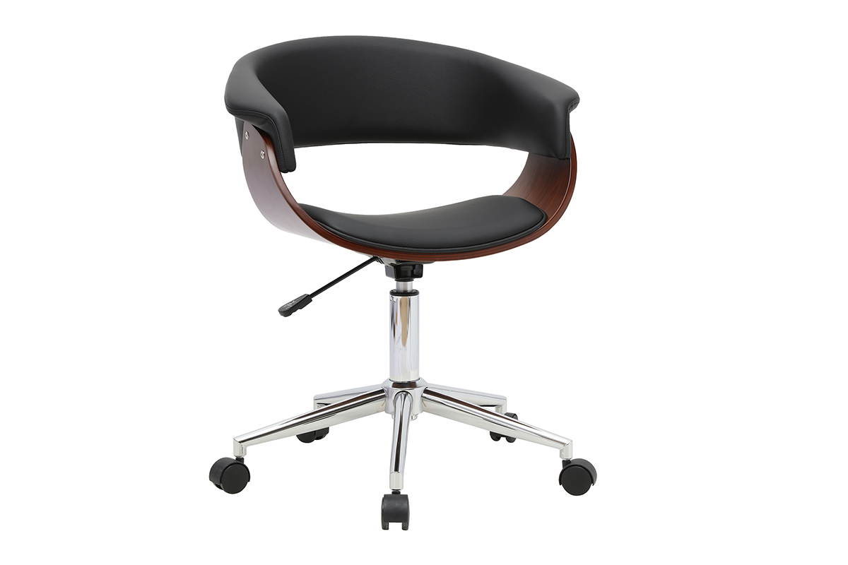 Chaise da ufficio girevole OKTAV, design nero, legno scuro e acciaio cromato, vista 3/4