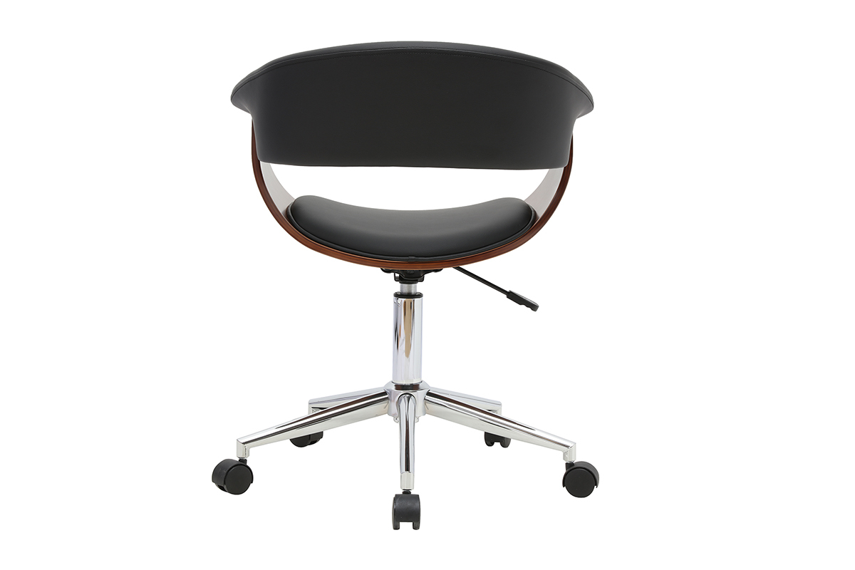 Sedia da ufficio nera con ruote e legno scuro, vista posteriore, con braccioli e base cromata