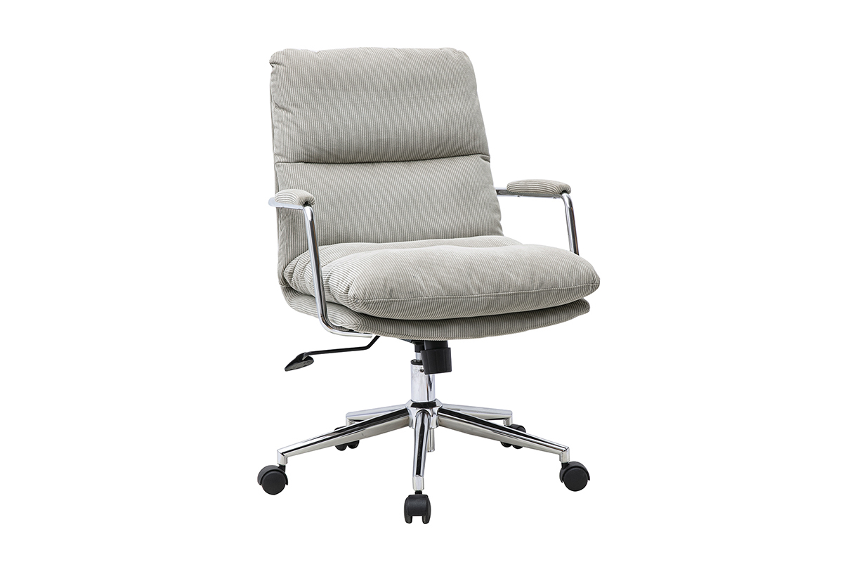 Chaise da ufficio girevole MIRABEAU in velluto a coste taupe, vista 3/4, base in metallo cromato.