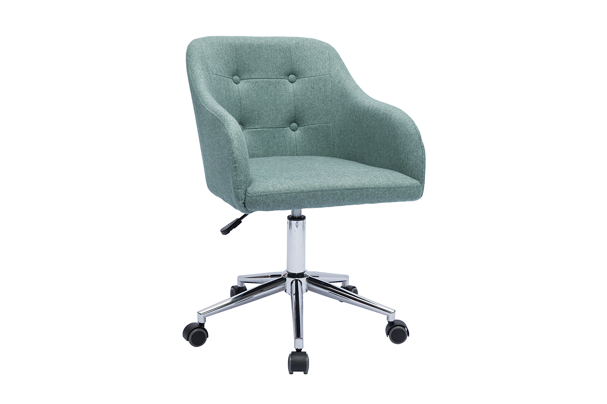 Sedia da ufficio imbottita con ruote in tessuto effetto velluto testurizzato verde grigio e metallo cromato BALTIK