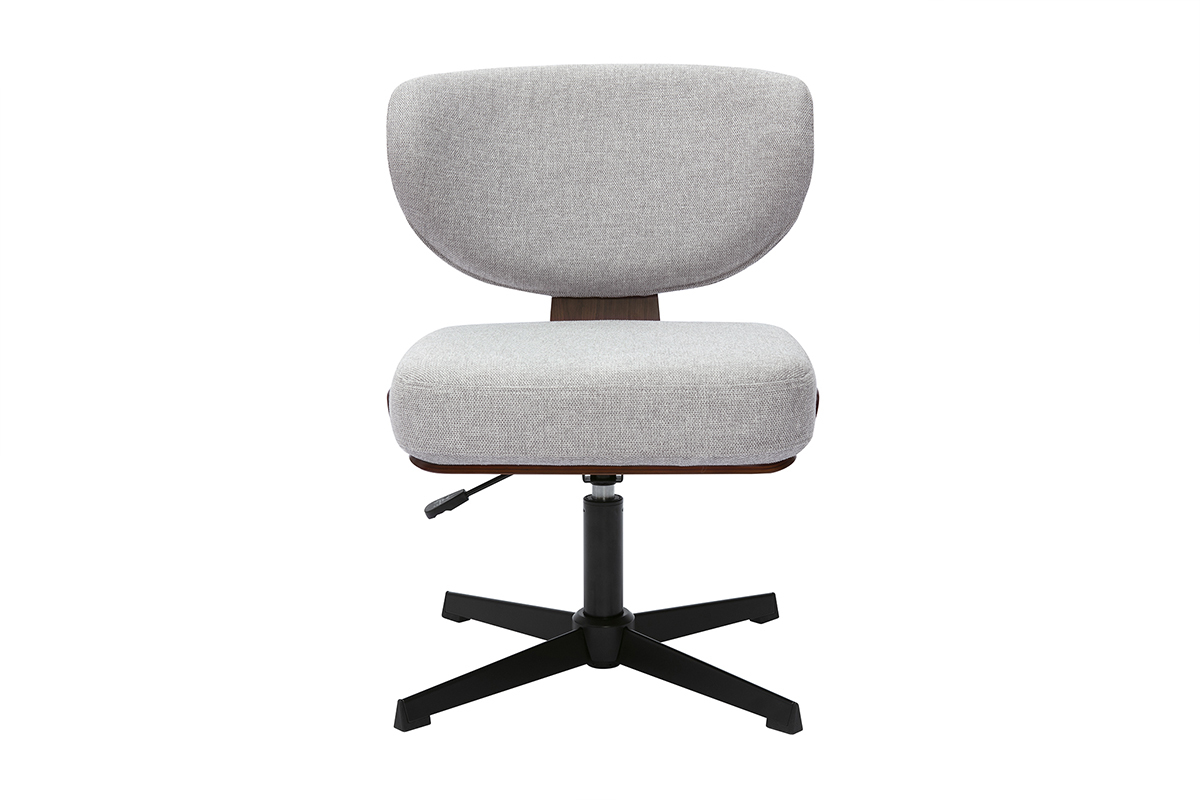 Sedia da ufficio grigia in velluto, vista frontale, con base a stella nera.