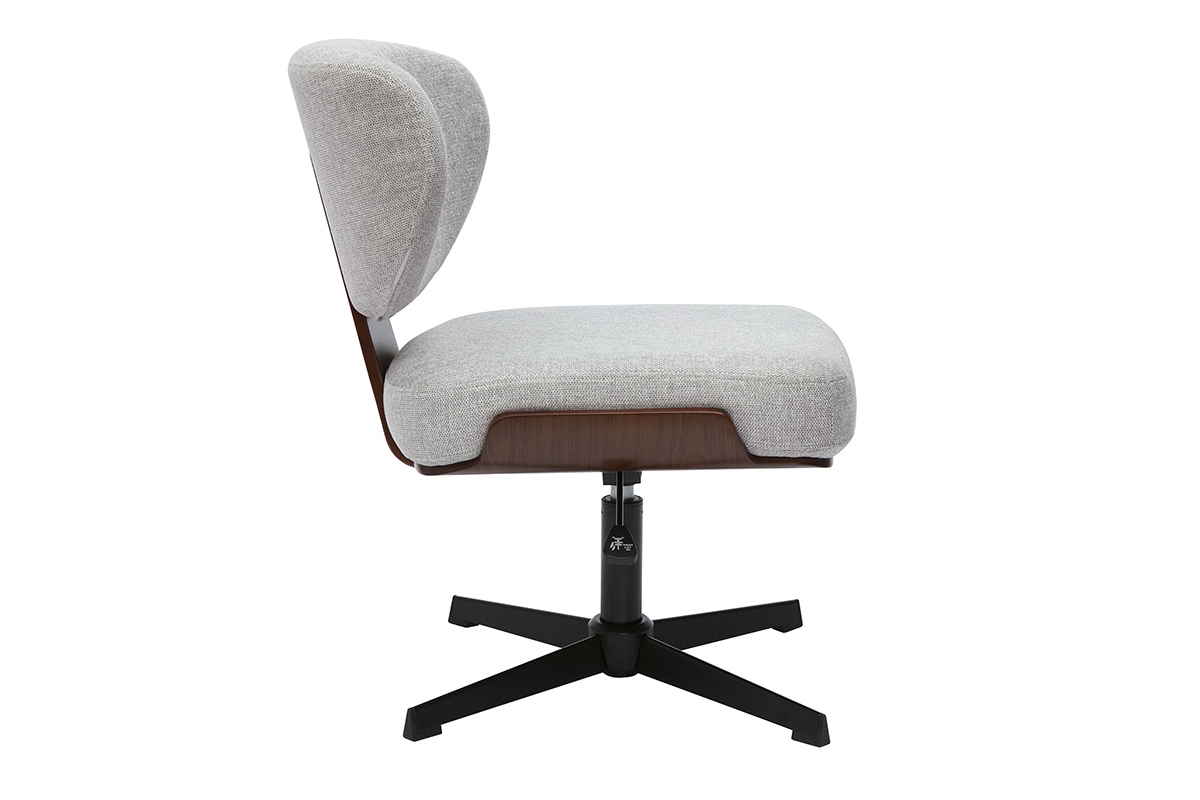 Sedia da ufficio HANZ in tessuto grigio e legno di noce, vista laterale.