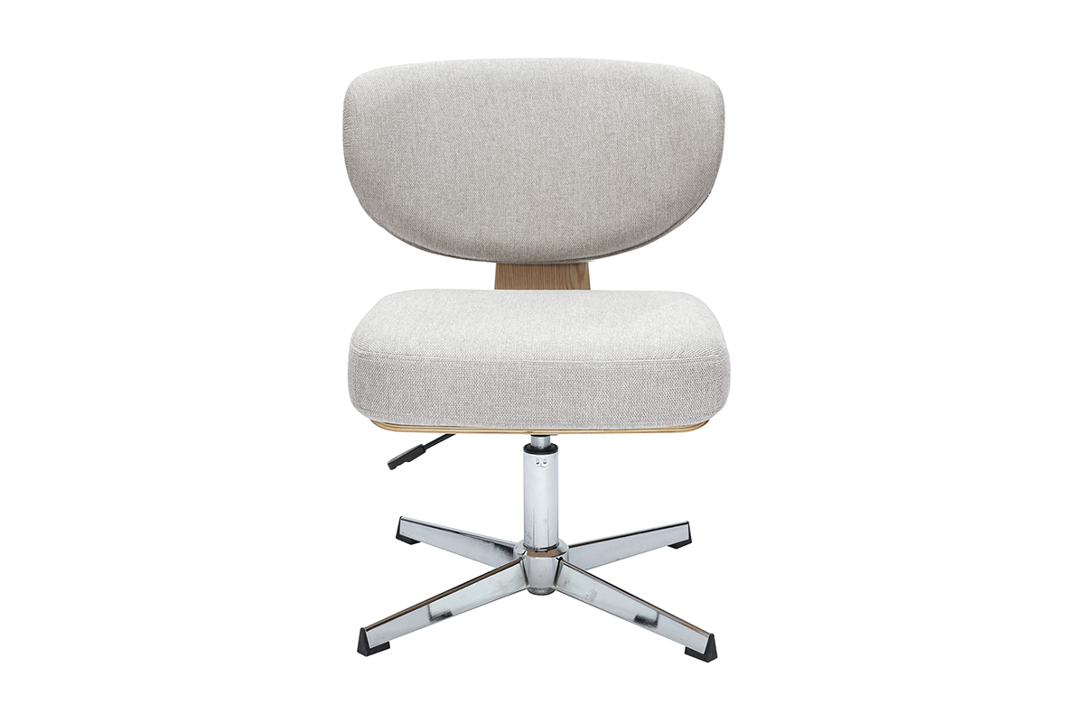 Sedia da ufficio HANZ in tessuto beige, legno di rovere e base a stella metallica, vista frontale.