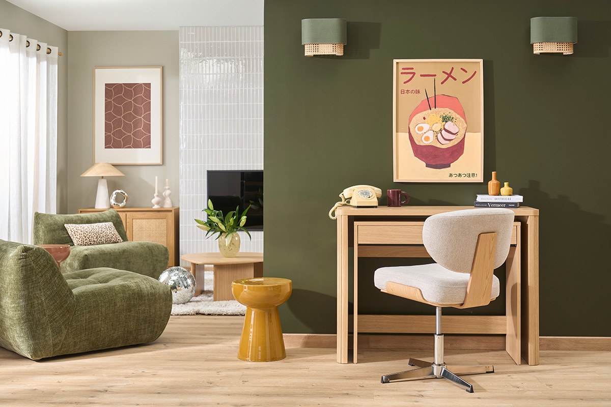 Sedia da ufficio in tessuto effetto velluto beige testurizzato e legno chiaro quercia HANZ