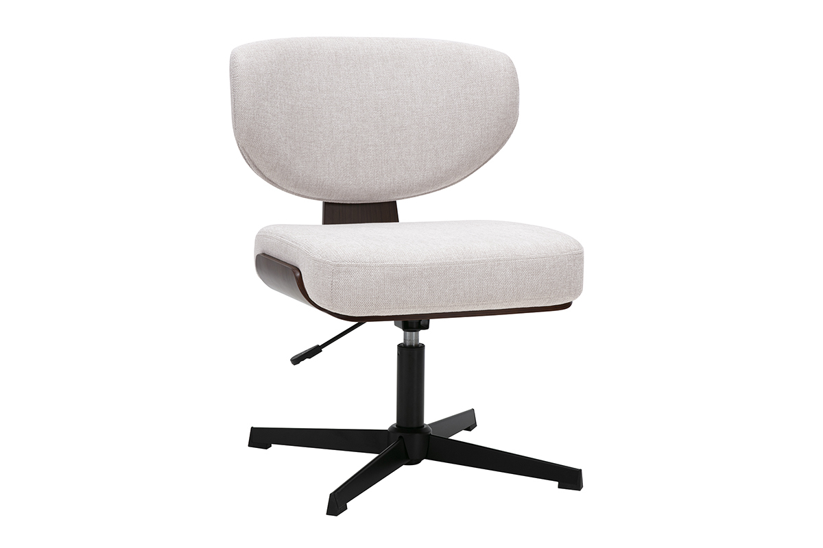 Sedia da ufficio beige in tessuto effetto velluto, base in metallo nero, vista a 3/4