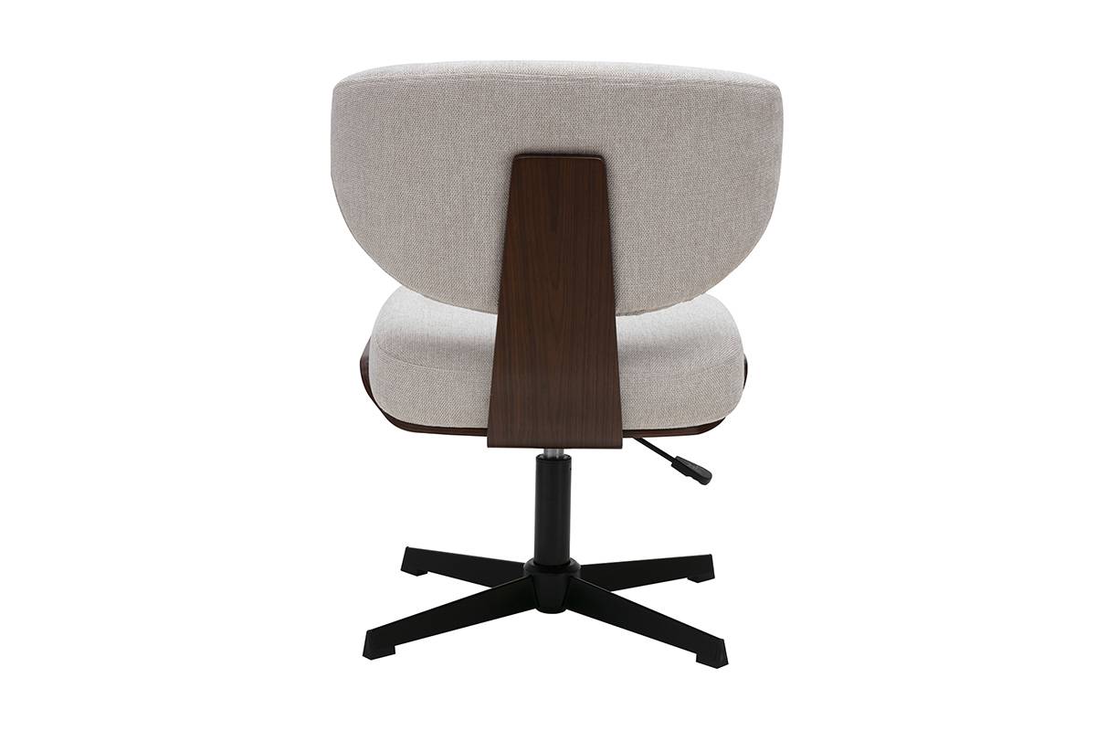 Vista posteriore della sedia da ufficio HANZ in tessuto beige con struttura in legno noce e base nera