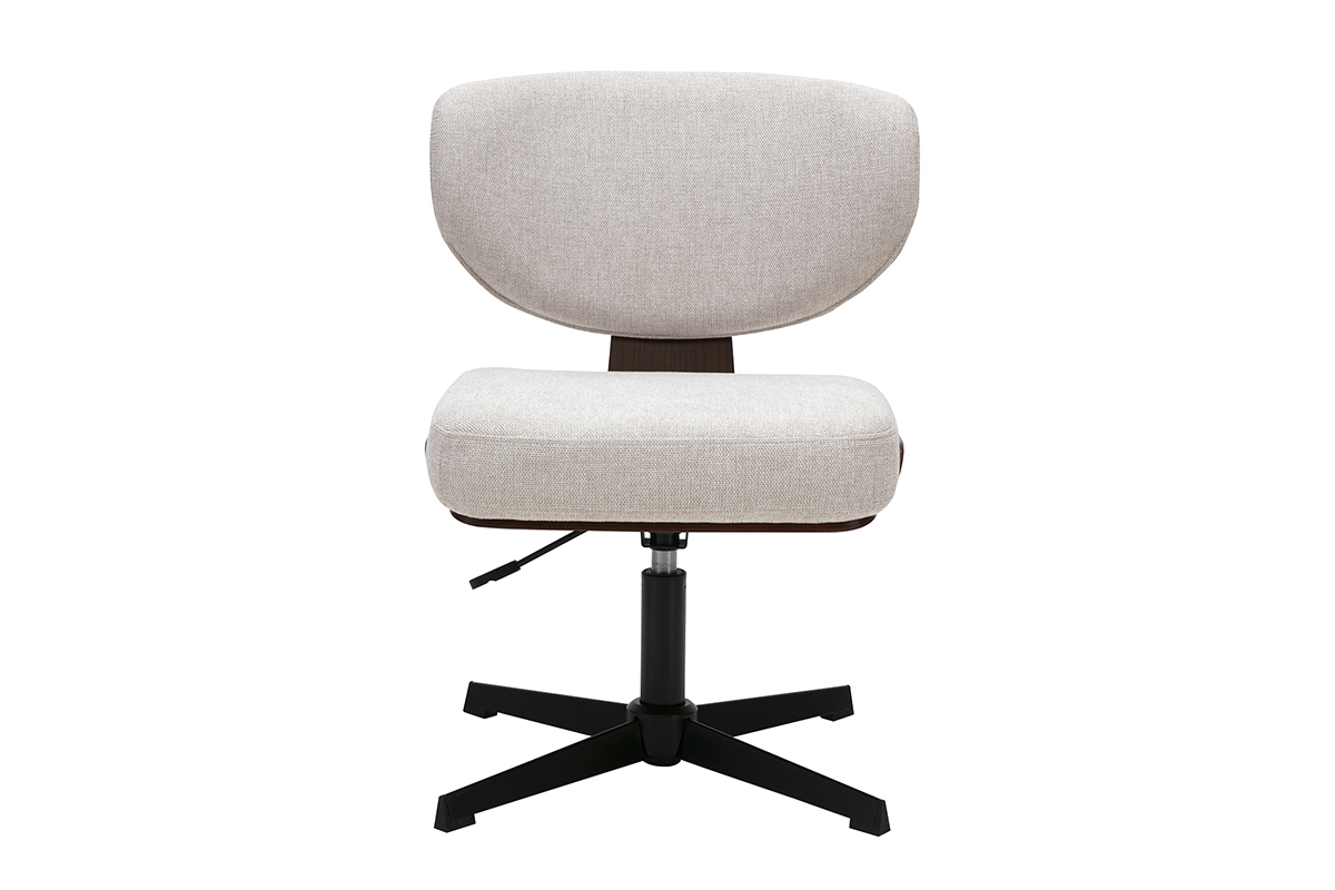 Sedia da ufficio beige in tessuto velluto, vista frontale, con base a stella in metallo nero.