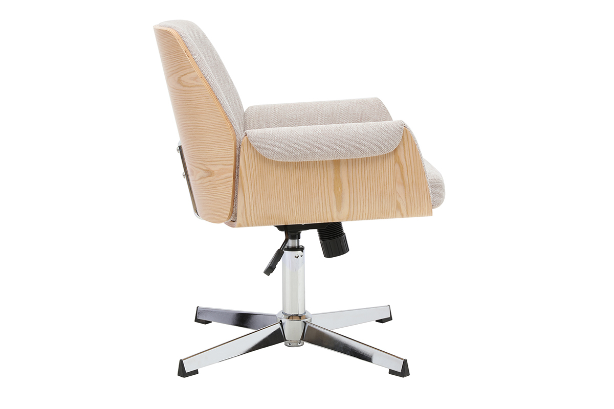 Sedia da ufficio in tessuto beige e legno chiaro, vista laterale, con braccioli e base cromata.