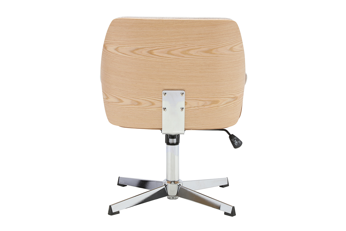 Vista posteriore della sedia da ufficio RIKKI in tessuto velluto beige e legno chiaro.