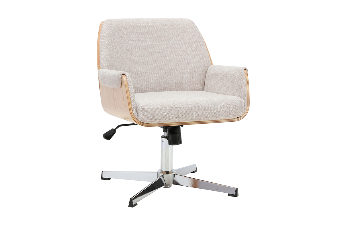 Sedia da ufficio RIKKI in tessuto beige effetto velluto e legno chiaro, vista 3/4 con braccioli