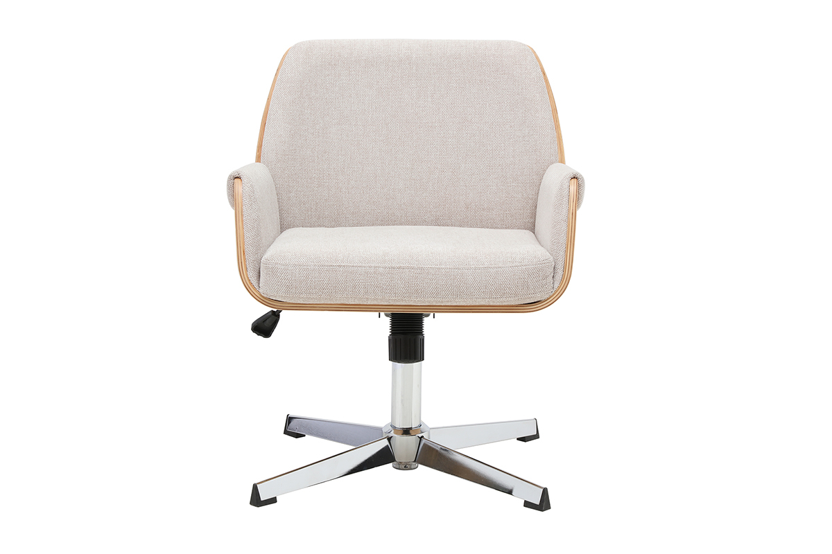 Sedia da ufficio RIKKI in tessuto beige con braccioli e base in legno e cromo, vista frontale.